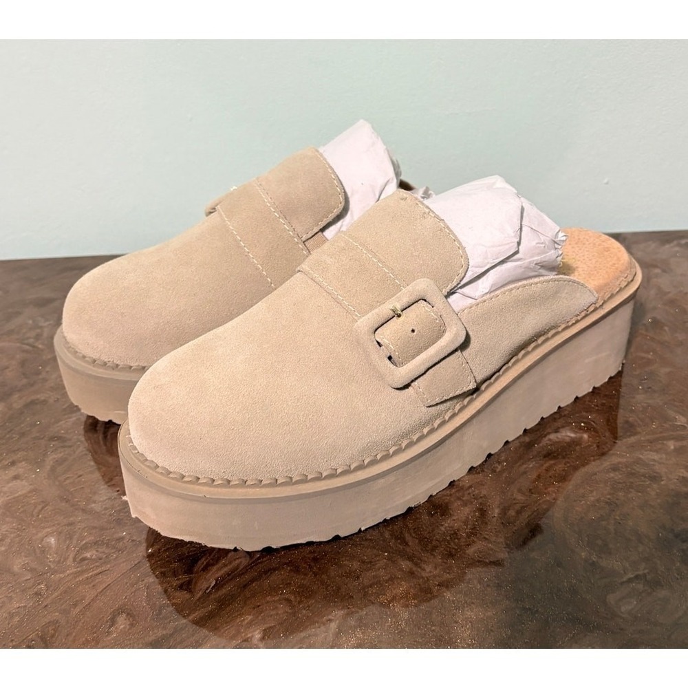 Seychelles Beige Suede Platform Mule Sandals